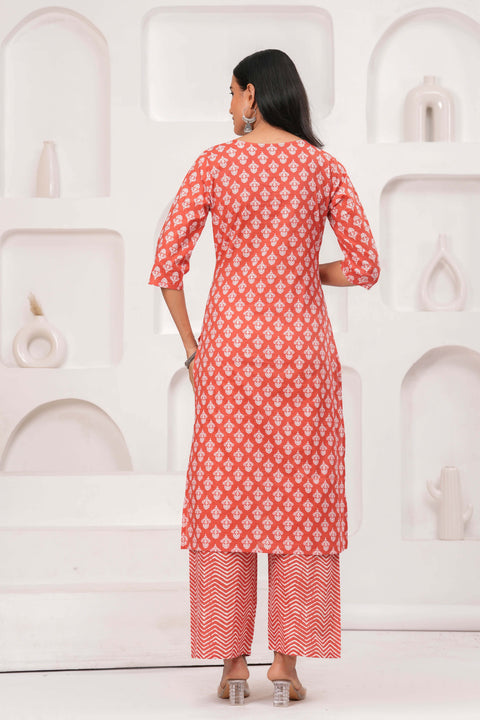 Rust Printed Straight Kurta Set With Dupatta for Women