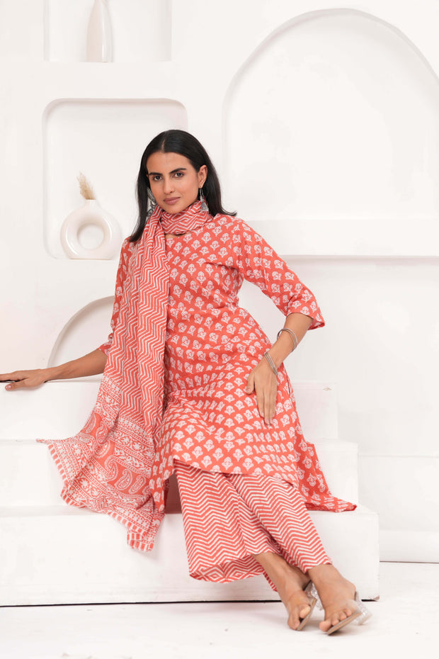 Rust Printed Straight Kurta Set With Dupatta for Women