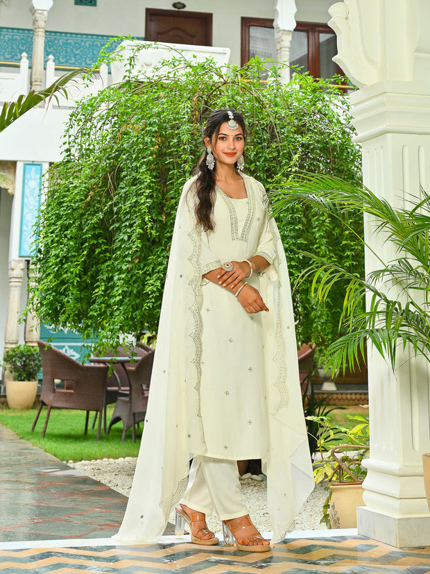 Off White Embroidered Kurta Set