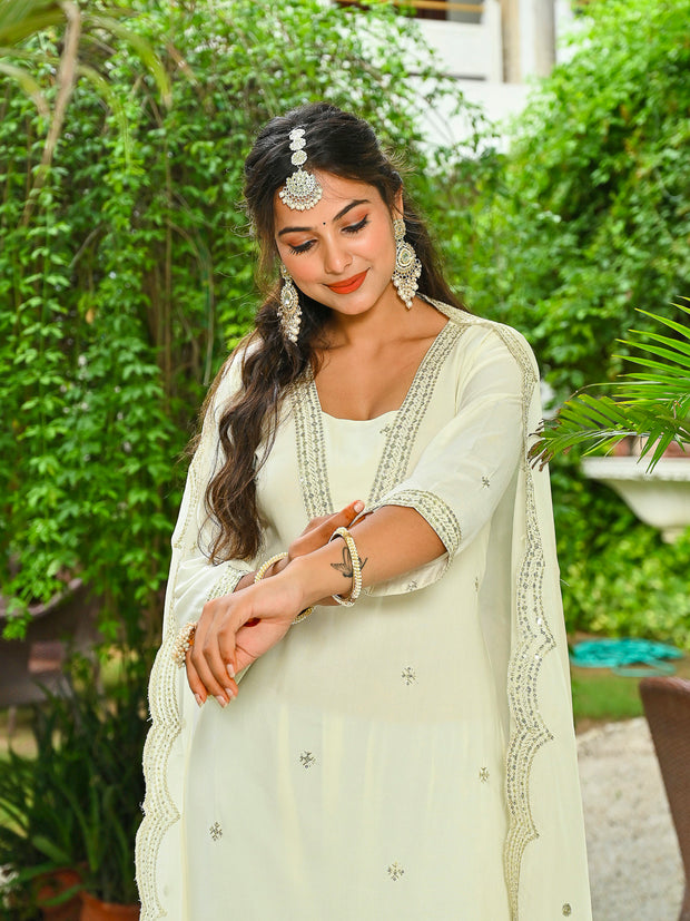 Off White Embroidered Kurta Set