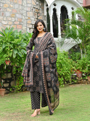 Black Printed Straight Kurta & Palazzo With Dupatta for Women