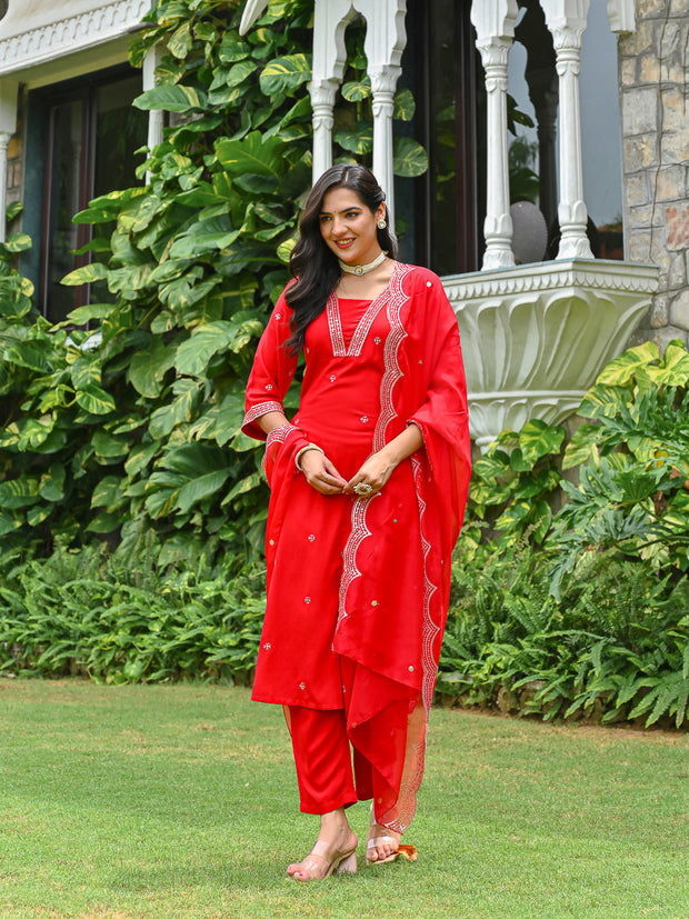Red Embroidered Kurta Set
