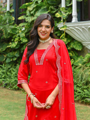 Red Embroidered Kurta Set