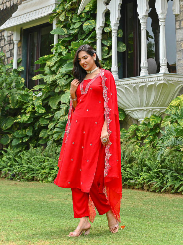 Red Embroidered Kurta Set