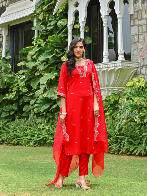 Red Embroidered Kurta Set