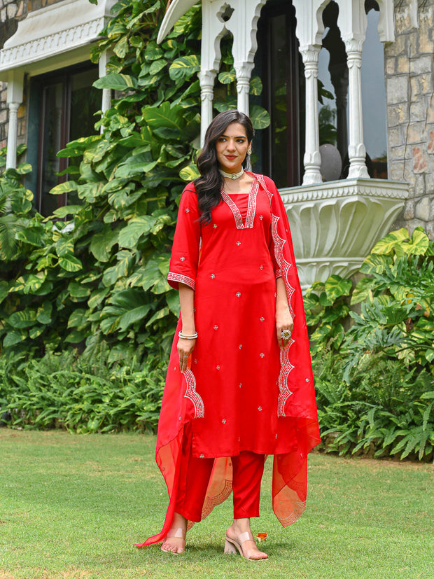 Red Embroidered Kurta Set