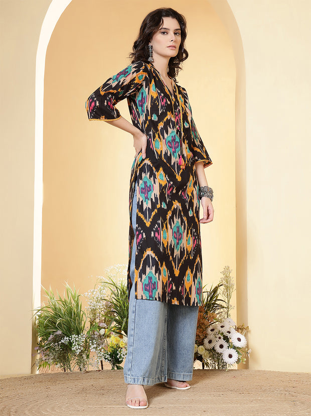 Black Printed Straight Kurta with Three Quarter Sleeves