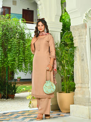 Beige Solid Straight Kurta Set With Printed Dupatta for Women