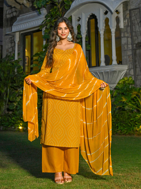 Yellow Printed Straight Kurta & Palazzo With Dupatta for Women