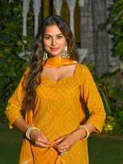 Yellow Printed Straight Kurta & Palazzo With Dupatta for Women