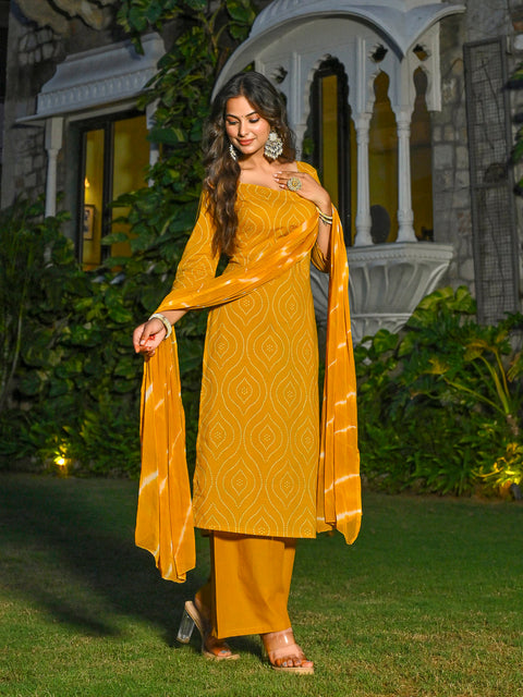 Yellow Printed Straight Kurta & Palazzo With Dupatta for Women