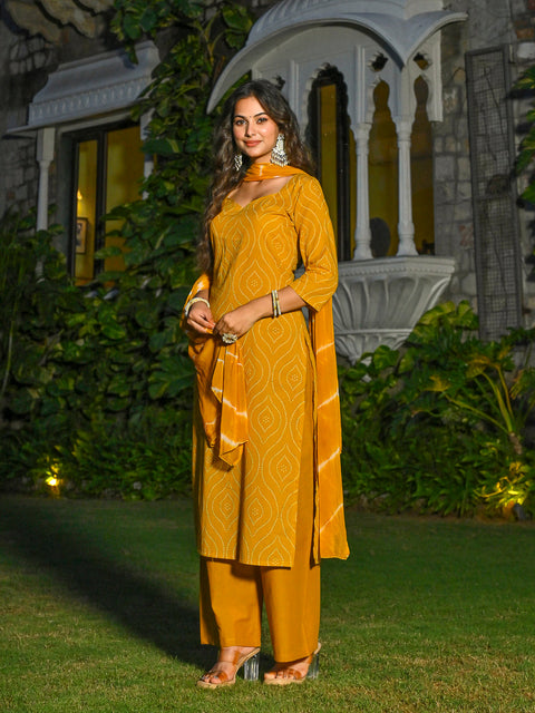 Yellow Printed Straight Kurta & Palazzo With Dupatta for Women