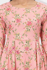 Peach Floral Printed Flared Dress for Women