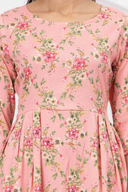Peach Floral Printed Flared Dress for Women