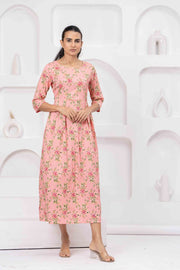 Peach Floral Printed Flared Dress for Women