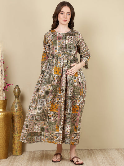 Women Multi Printed Flared Maternity Dress