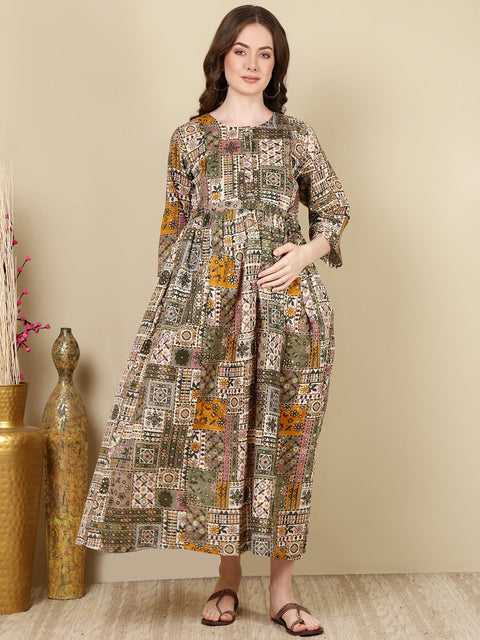 Women Multi Printed Flared Maternity Dress
