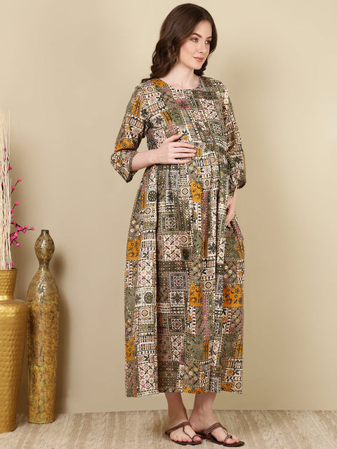Women Multi Printed Flared Maternity Dress