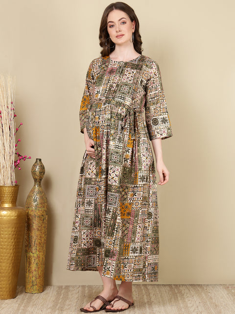 Women Multi Printed Flared Maternity Dress