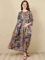 Women Multi Printed Flared Maternity Dress