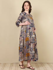 Women Multi Printed Flared Maternity Dress