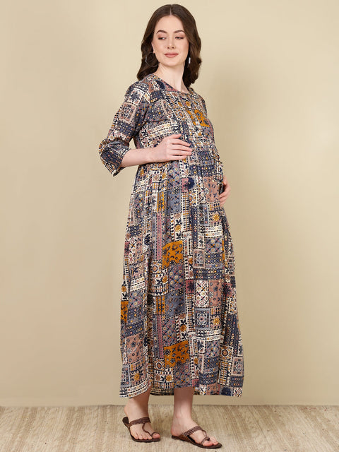 Women Multi Printed Flared Maternity Dress