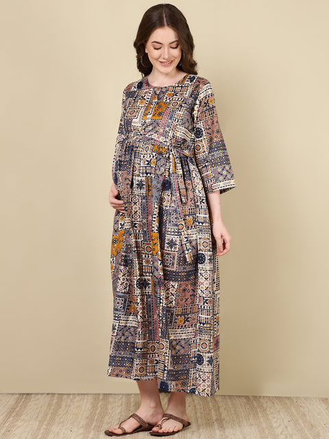 Women Multi Printed Flared Maternity Dress