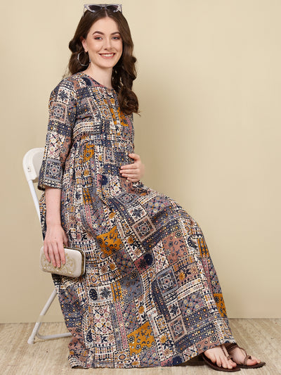 Women Multi Printed Flared Maternity Dress