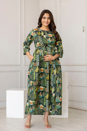Women Green Printed Flared Maternity Dress