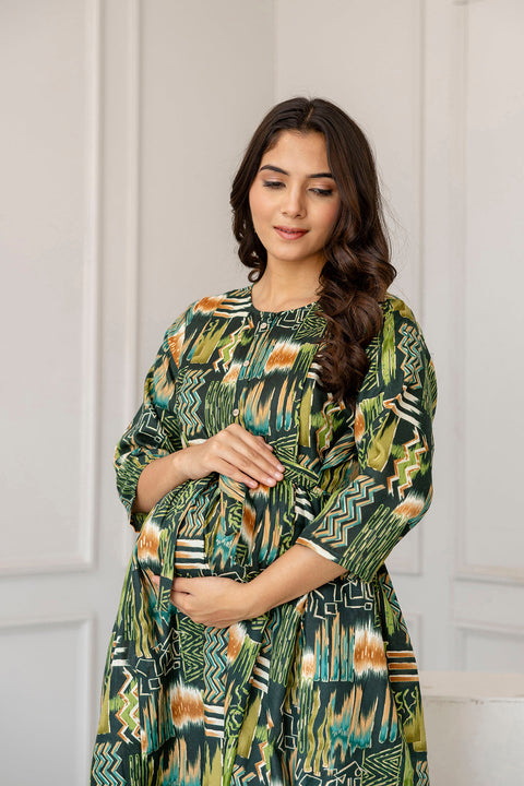 Women Green Printed Flared Maternity Dress