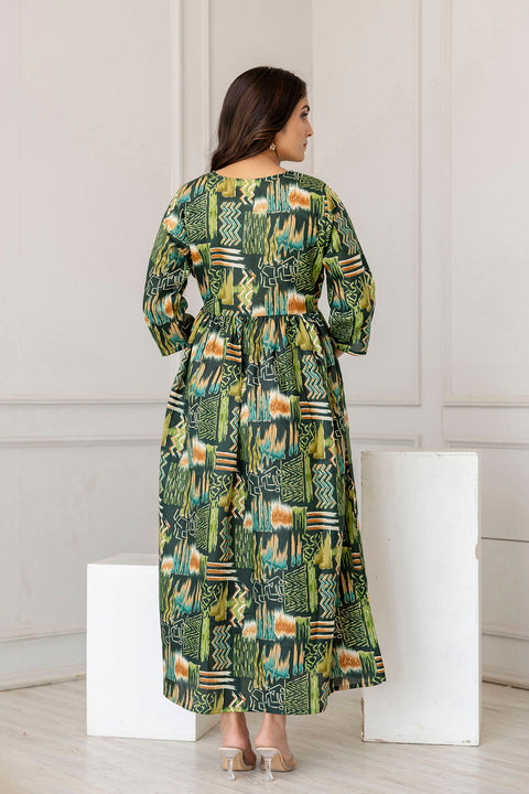 Women Green Printed Flared Maternity Dress