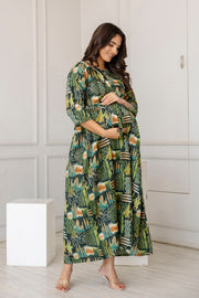 Women Green Printed Flared Maternity Dress