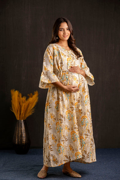 Women Off White Printed Flared Maternity Dress