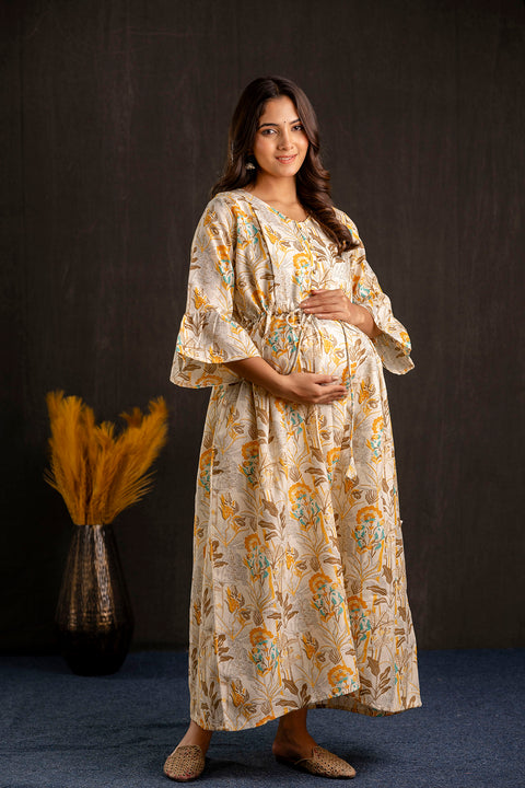 Women Off White Printed Flared Maternity Dress