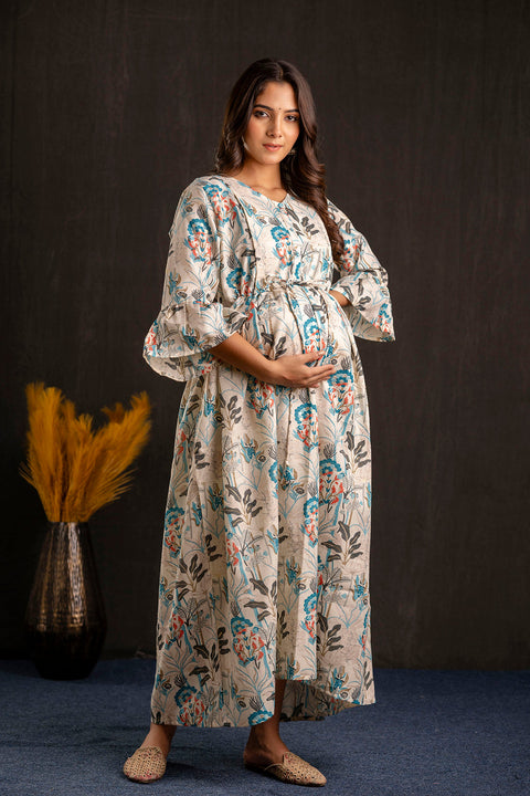Women Off White Printed Flared Maternity Dress