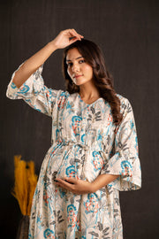 Women Off White Printed Flared Maternity Dress
