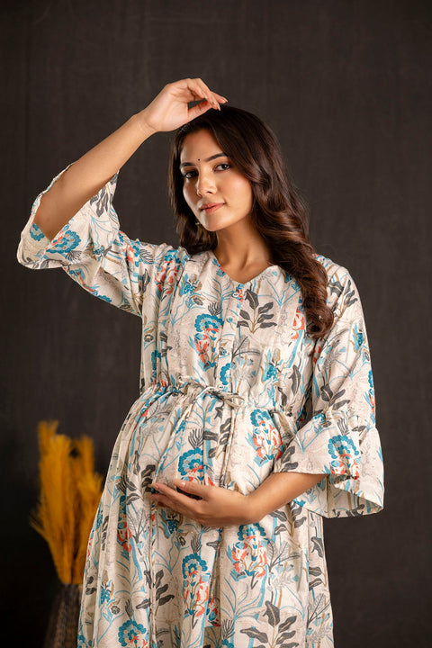 Women Off White Printed Flared Maternity Dress