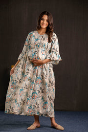 Women Off White Printed Flared Maternity Dress
