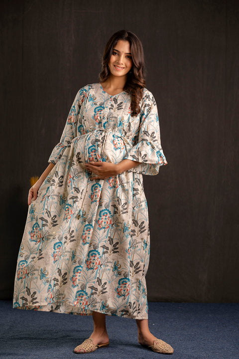 Women Off White Printed Flared Maternity Dress