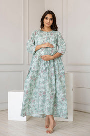 Women Green Printed Flared Maternity Dress
