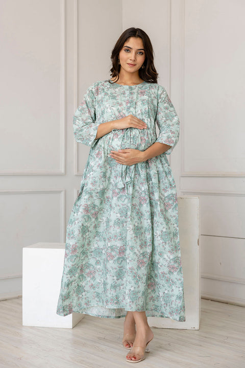 Women Green Printed Flared Maternity Dress