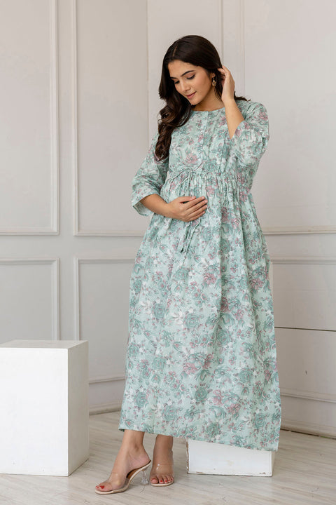 Women Green Printed Flared Maternity Dress