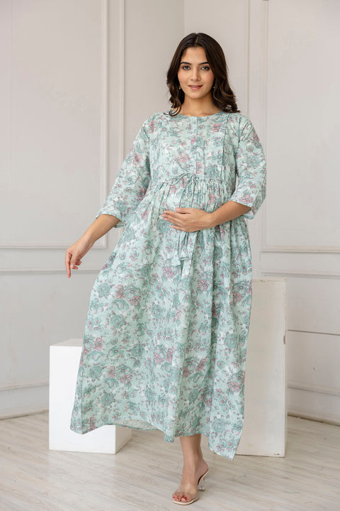Women Green Printed Flared Maternity Dress