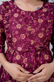 Nayo Fab Burgundy Printed Maternity Dress For Women