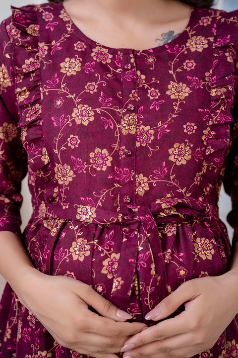 Nayo Fab Burgundy Printed Maternity Dress For Women