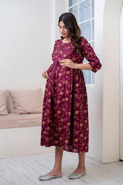 Nayo Fab Burgundy Printed Maternity Dress For Women