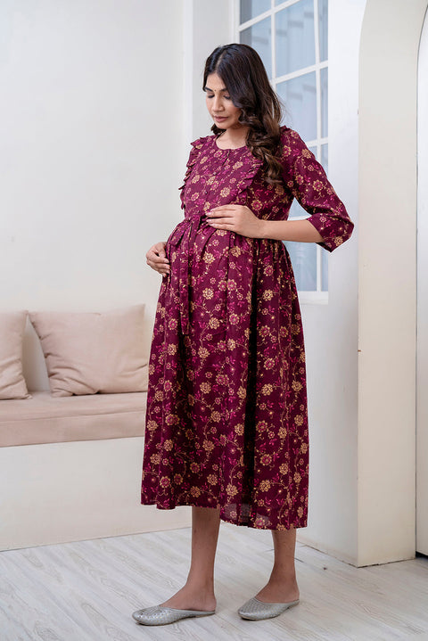 Nayo Fab Burgundy Printed Maternity Dress For Women