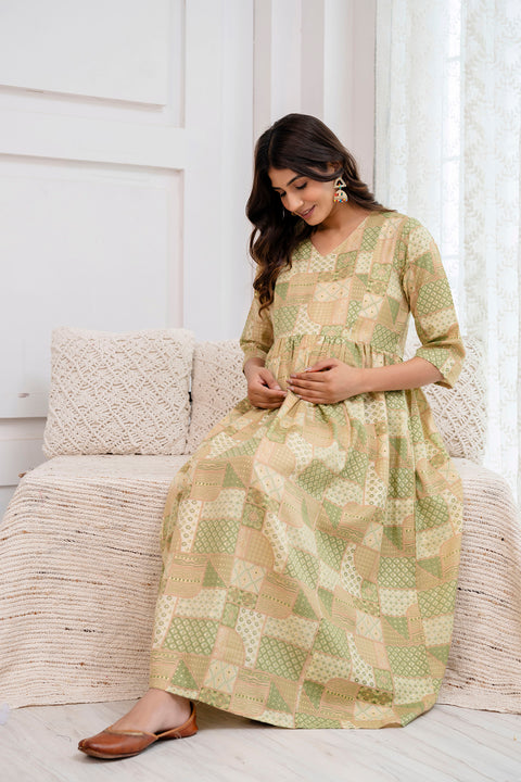 Nayo Fab  Green Printed Maternity Dress For Women