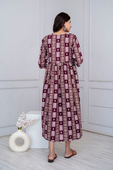 Nayo Fab Burgundy Printed Maternity Dress For Women