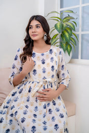 Women Off White Printed Flared Maternity Dress